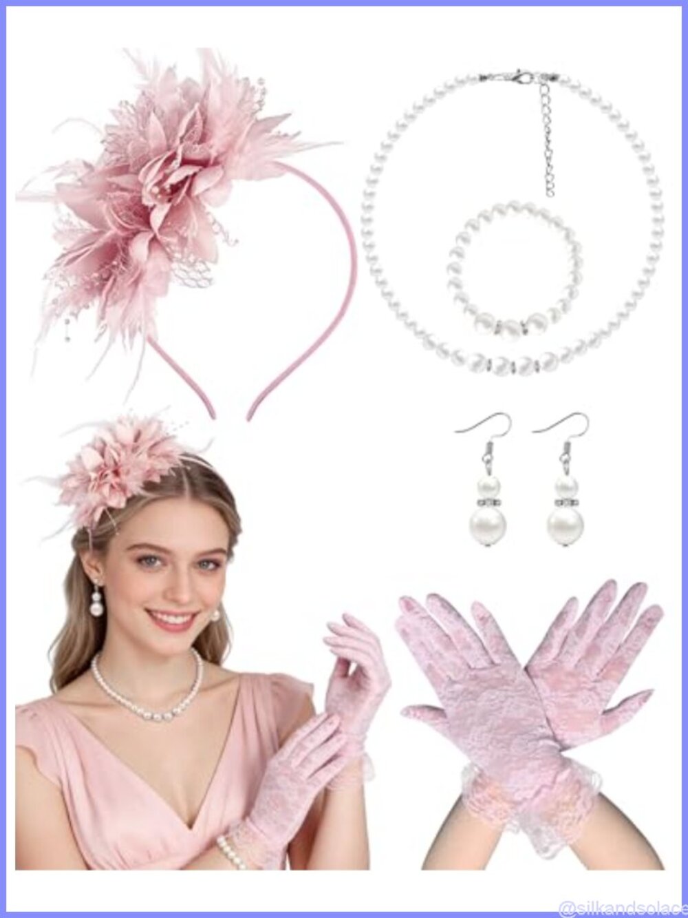Women's Tea Party Fascinator Headband Set with Veil Mesh Feathers Lace Gloves